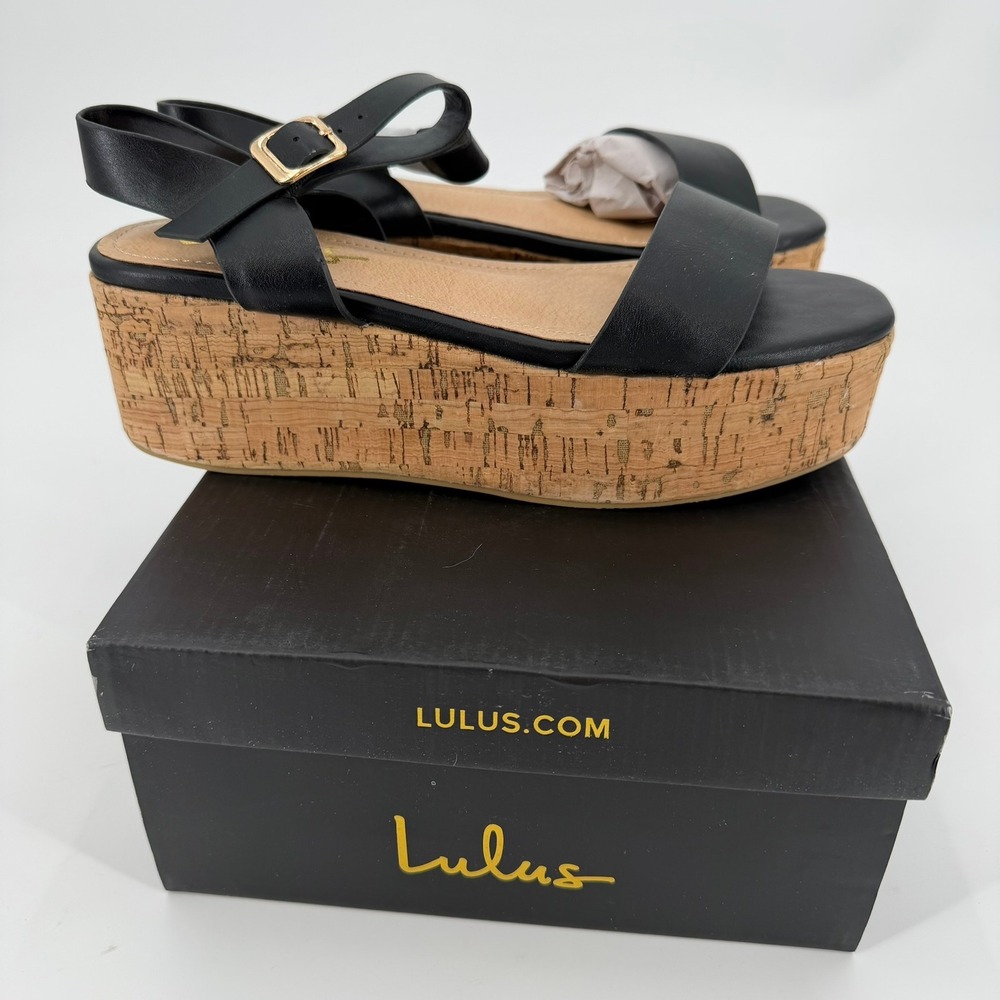 Lulus Grecia Platform Sandals Women 7.5 Black Cork Wedge Vegan Leather Straps